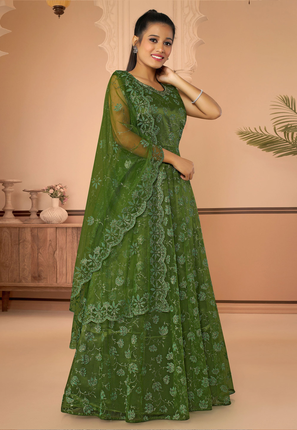 Green Net Anarkali Suit 277960