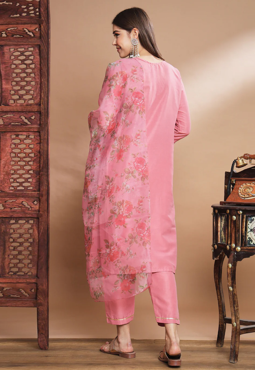 Silk Base Deep Pink Pant Style Suit with Dupatta