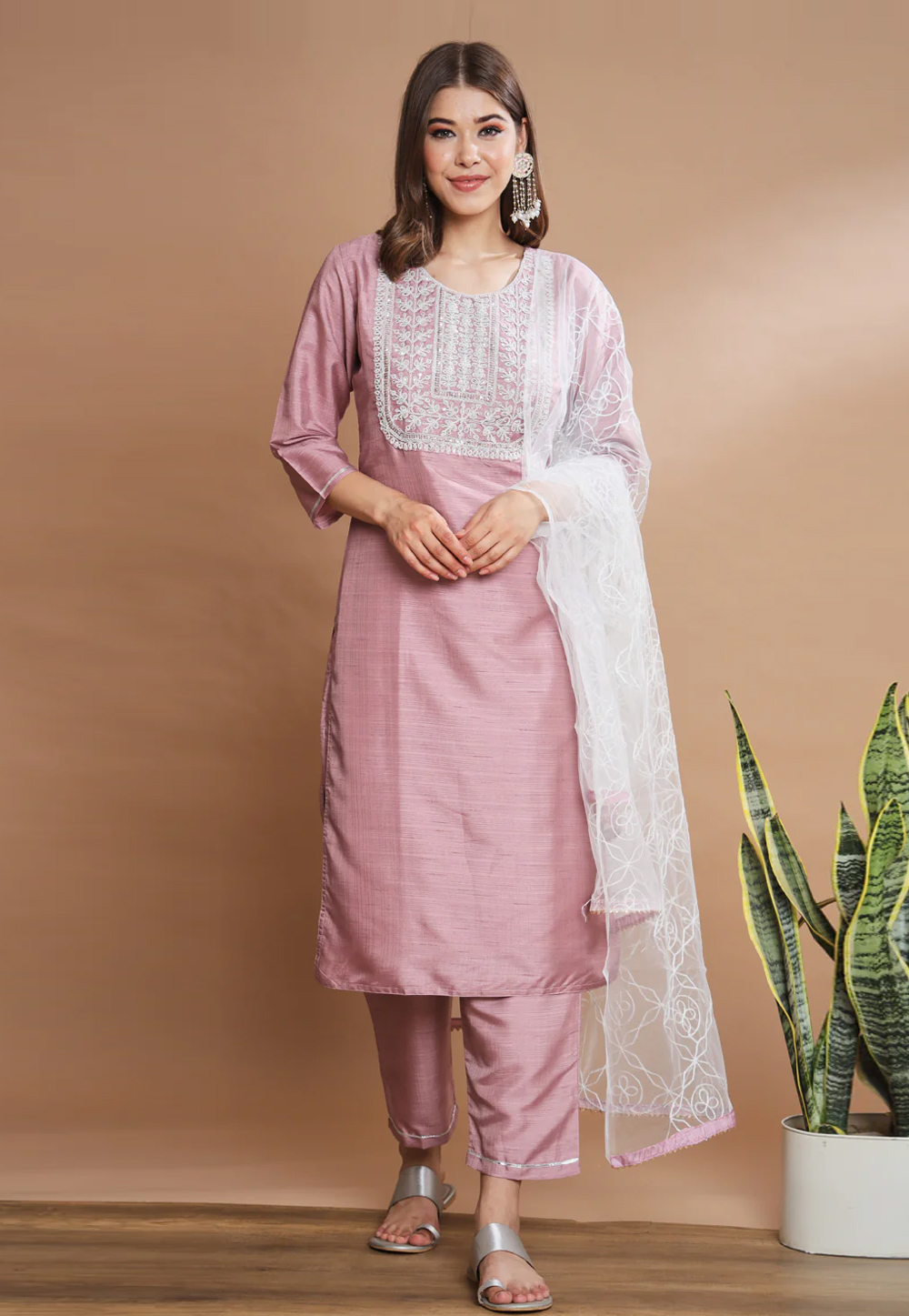 Pink Cotton Silk Readymade Pant Style Suit 270544