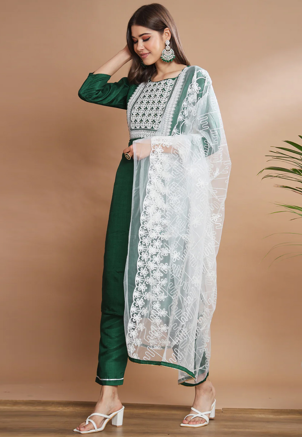 Green Cotton Silk Readymade Pant Style Suit 270546