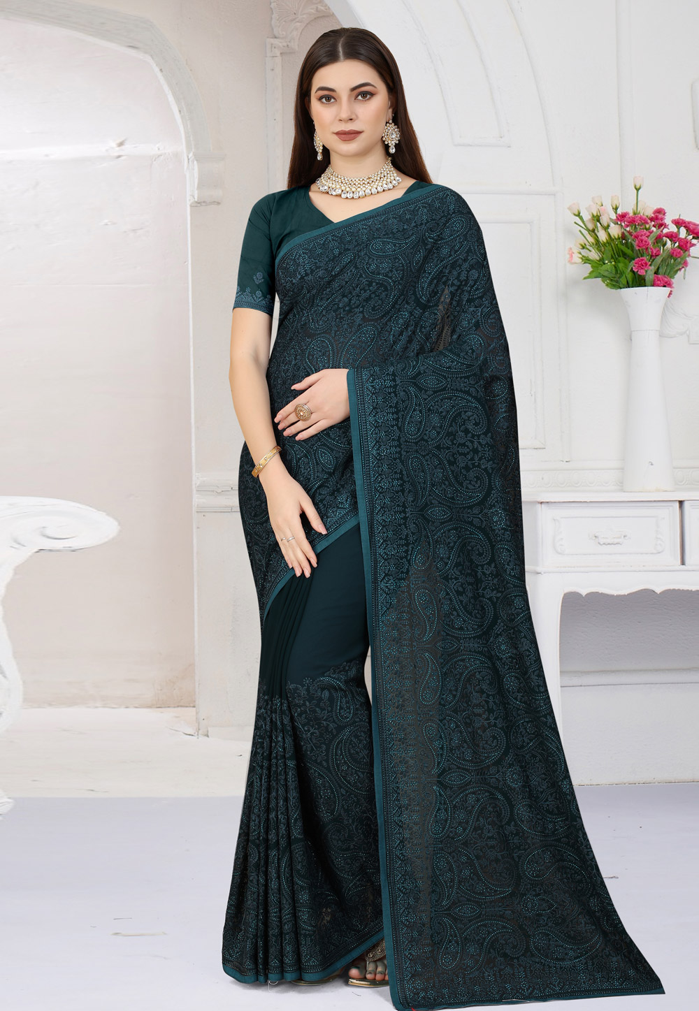 Teal Georgette Saree With Blouse 258363