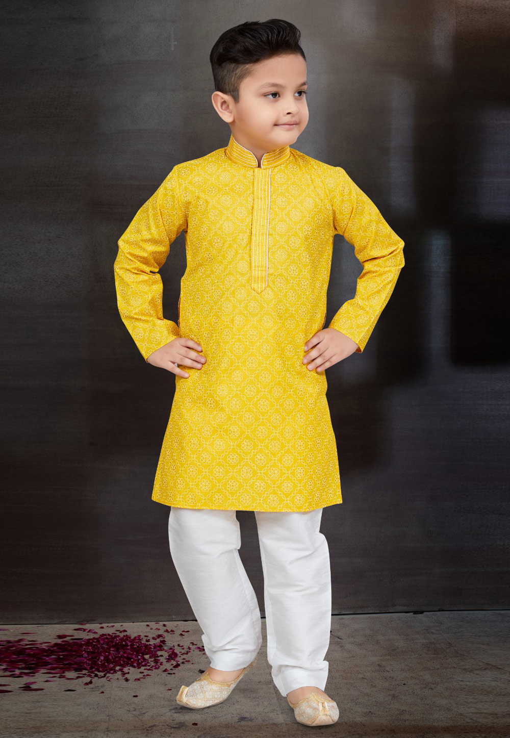 Yellow Cotton Kids Kurta Pajama 272126
