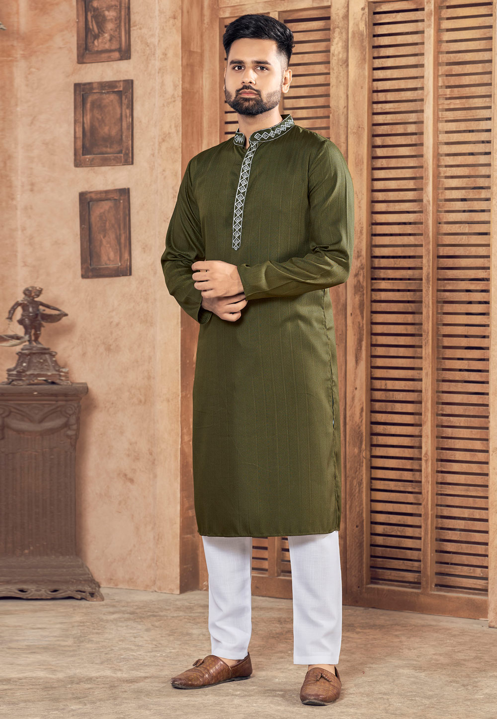 Cotton Silk Mehndi Green Color Kurta Pajama