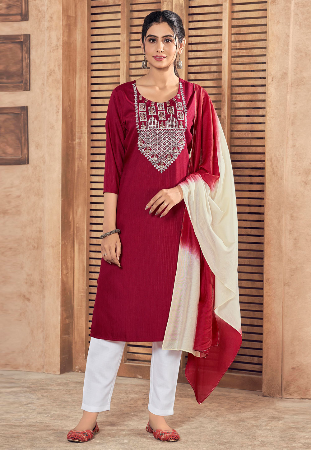 Maroon Viscose Readymade Pant Style Suit 270755