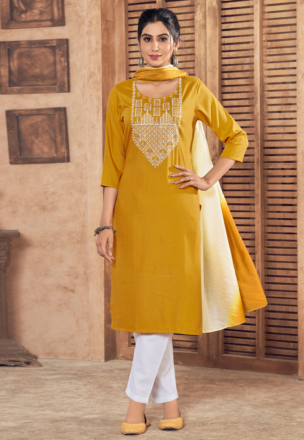 Mustard Viscose Readymade Pant Style Suit 270757
