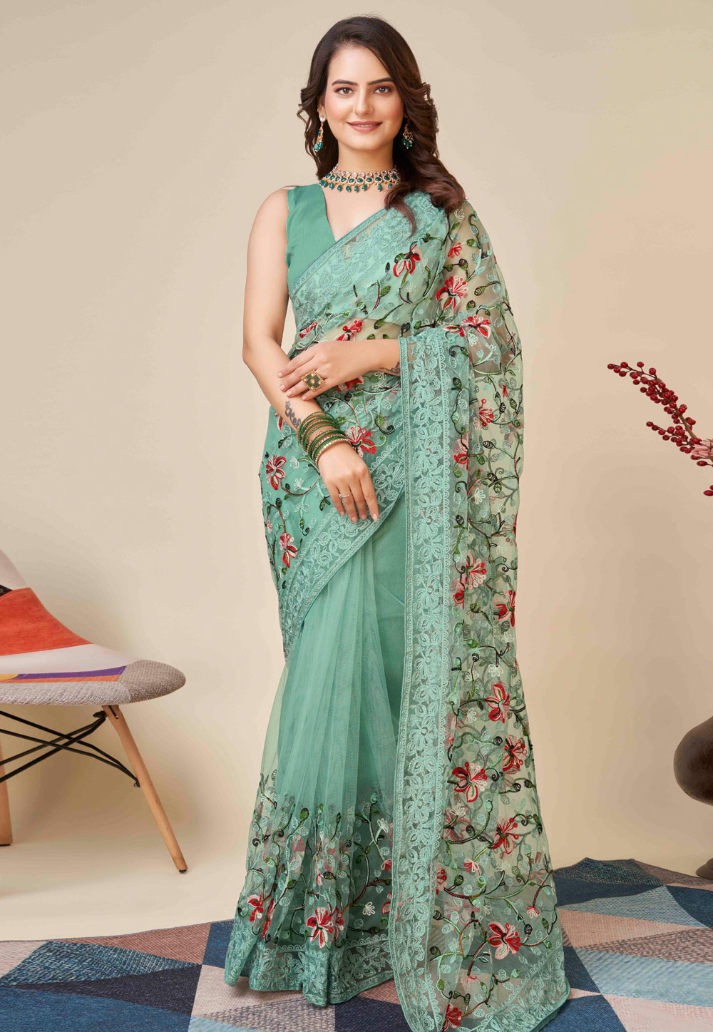 Sea Green Soft Net Saree With Blouse 271114
