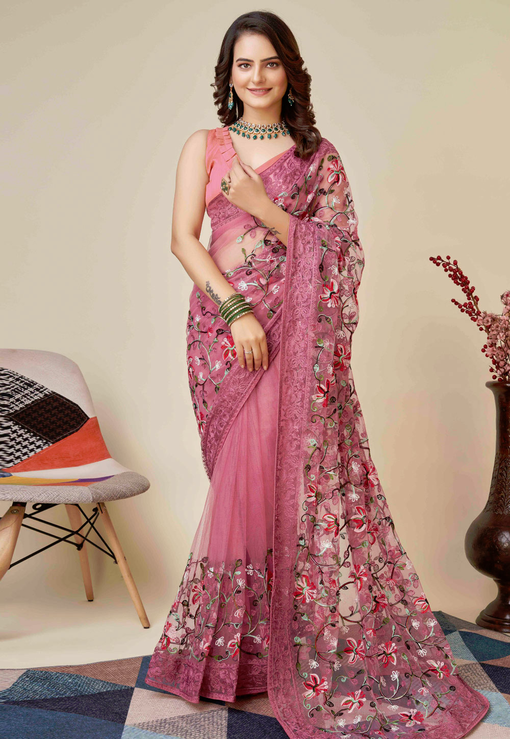 Pink Soft Net Saree With Blouse 271118