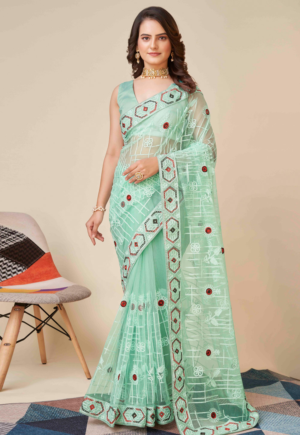Sea Green Soft Net Saree With Blouse 271121