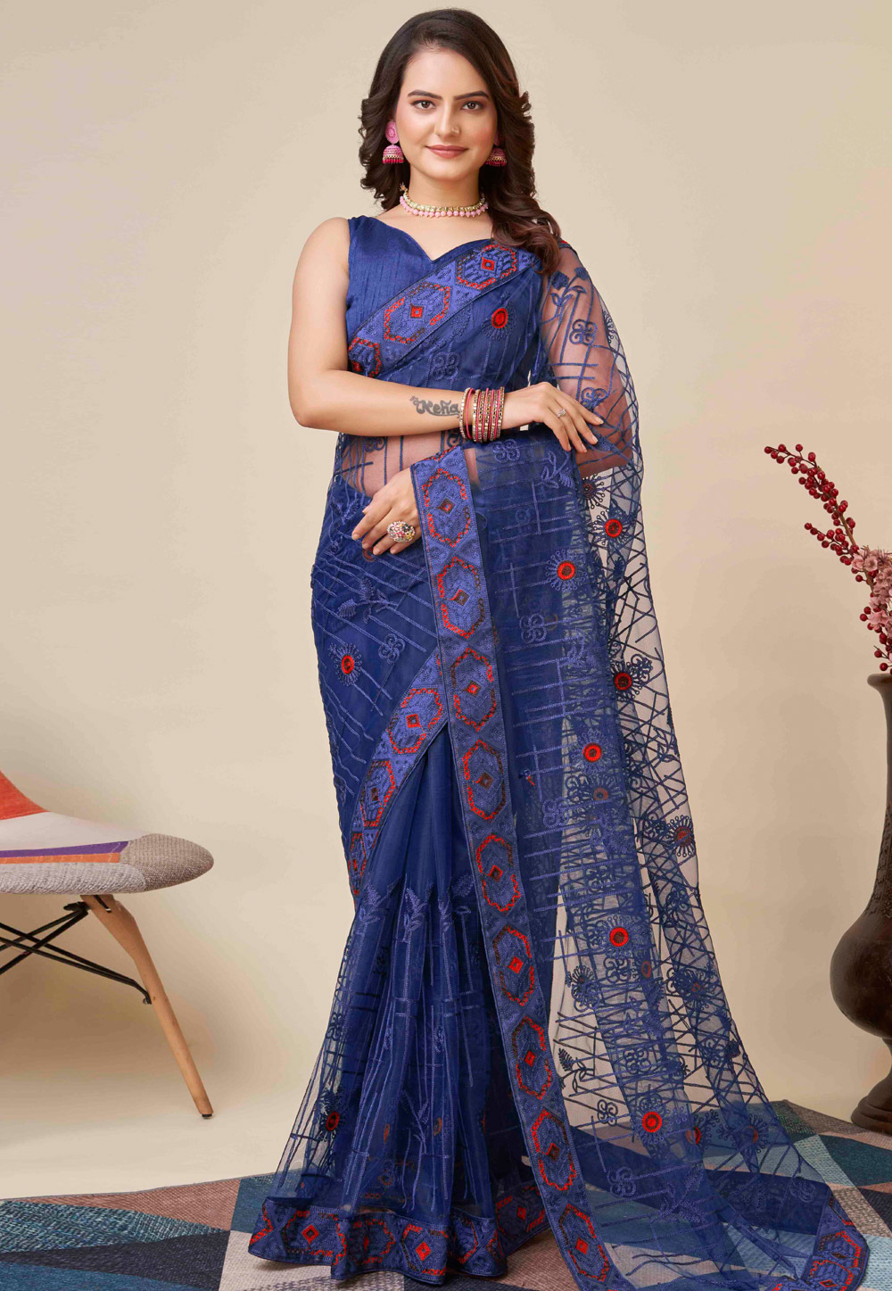 Navy Blue Soft Net Saree With Blouse 271122