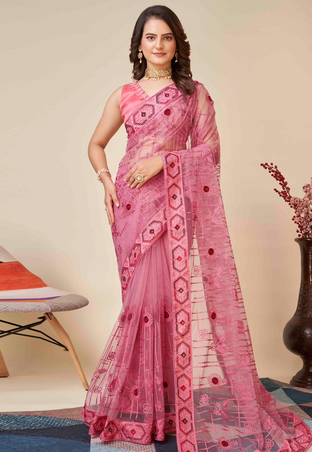 Pink Soft Net Saree With Blouse 271124