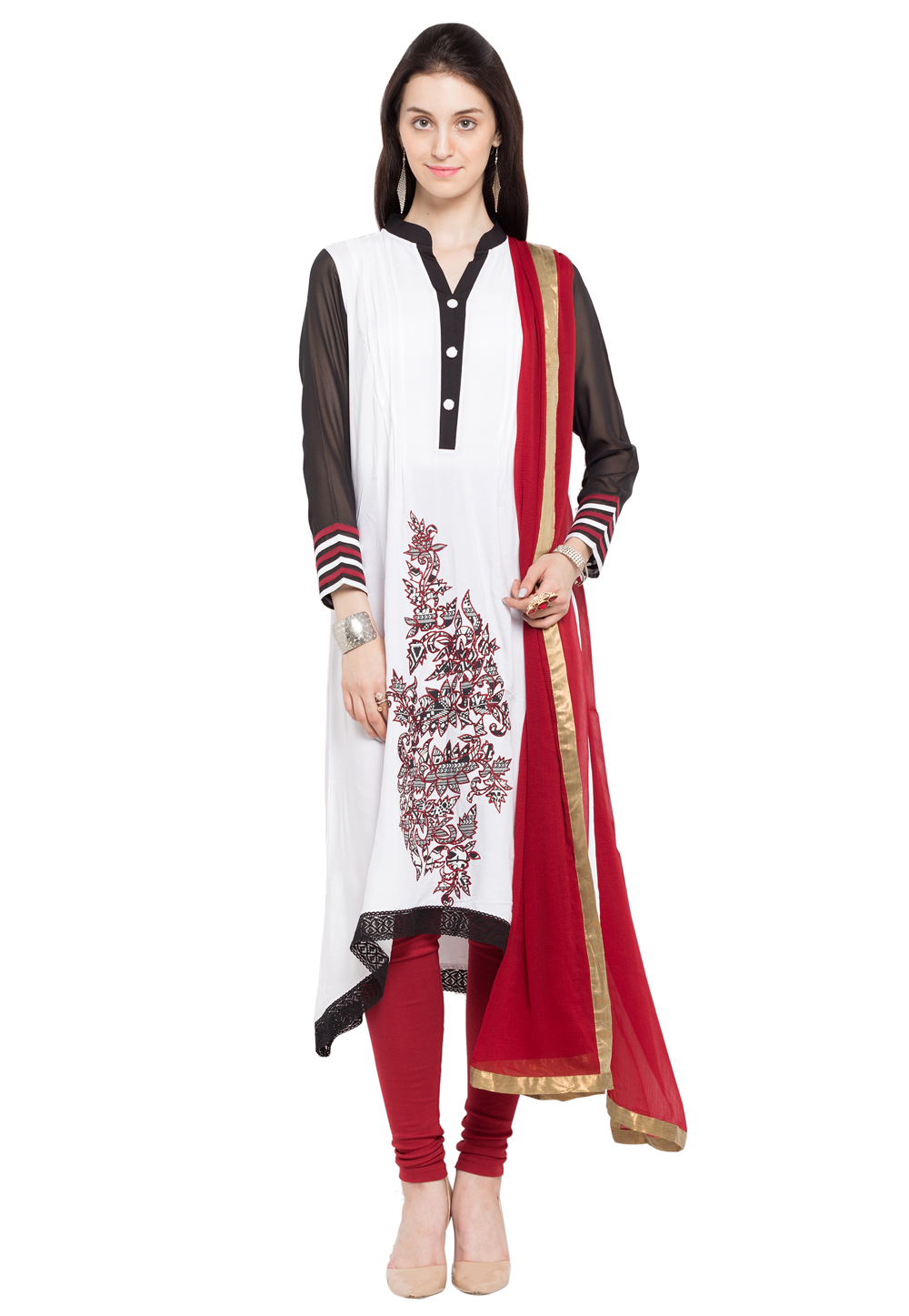 White Cotton Readymade Churidar Suit 230429