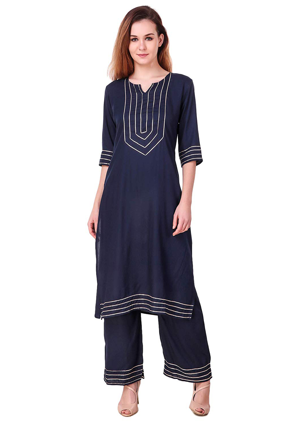 Navy Blue Rayon Readymade Palazzo Suit 176655