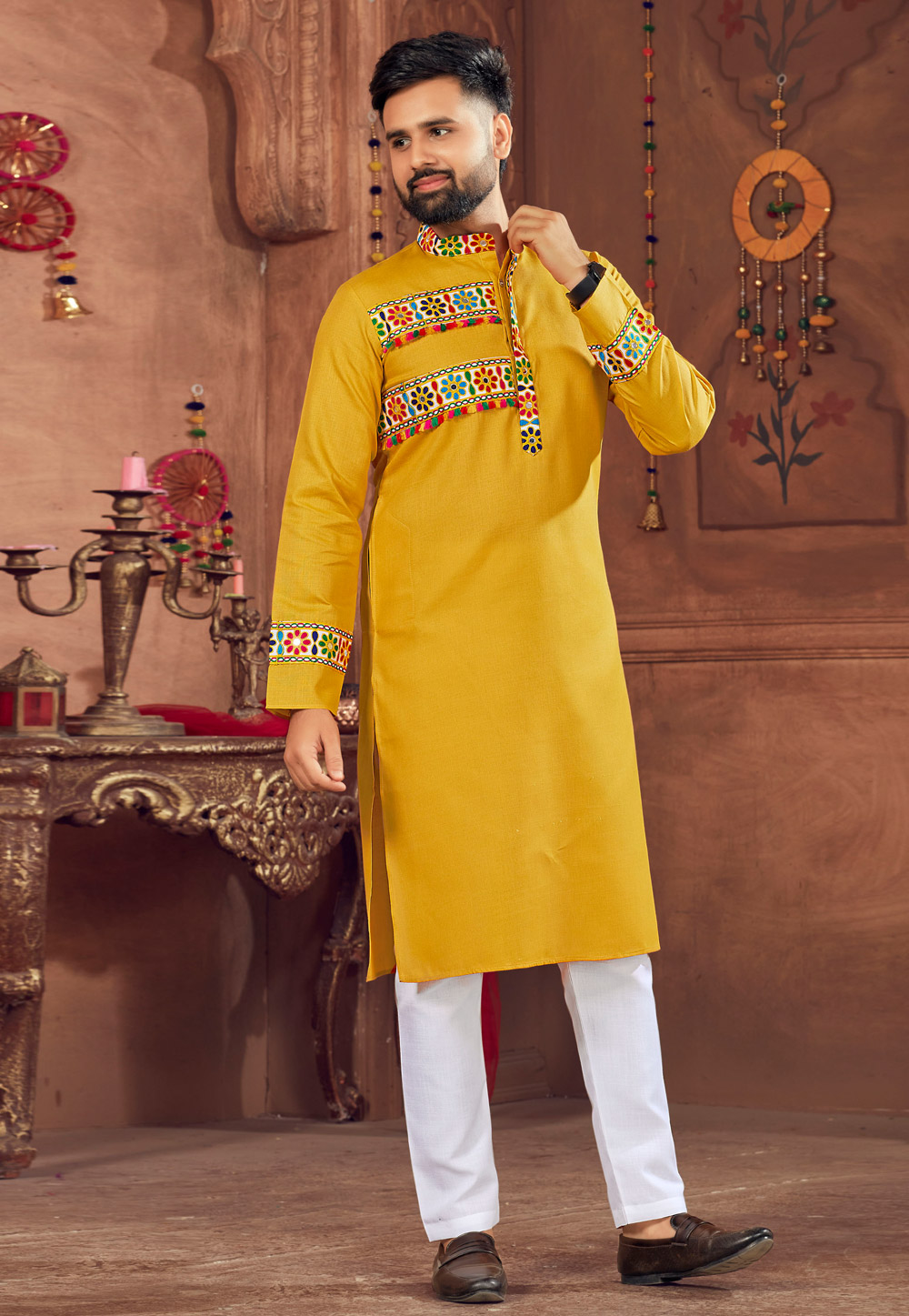 Mustard Cotton Navratri Kurta Pajama 270958