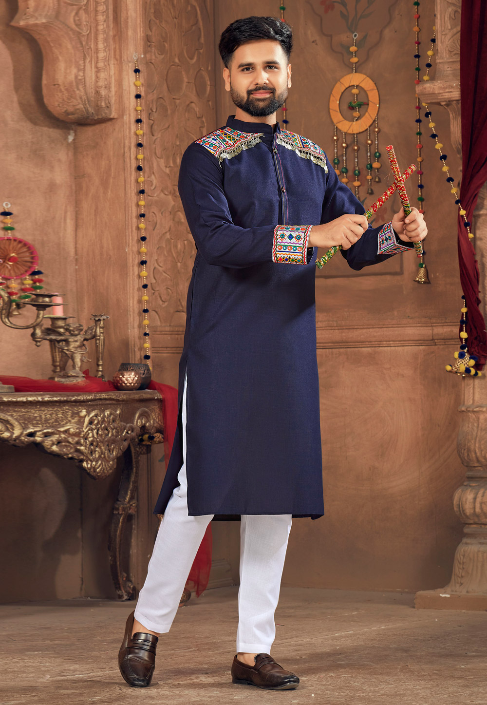 Navy Blue Cotton Navratri Kurta Pajama 270959