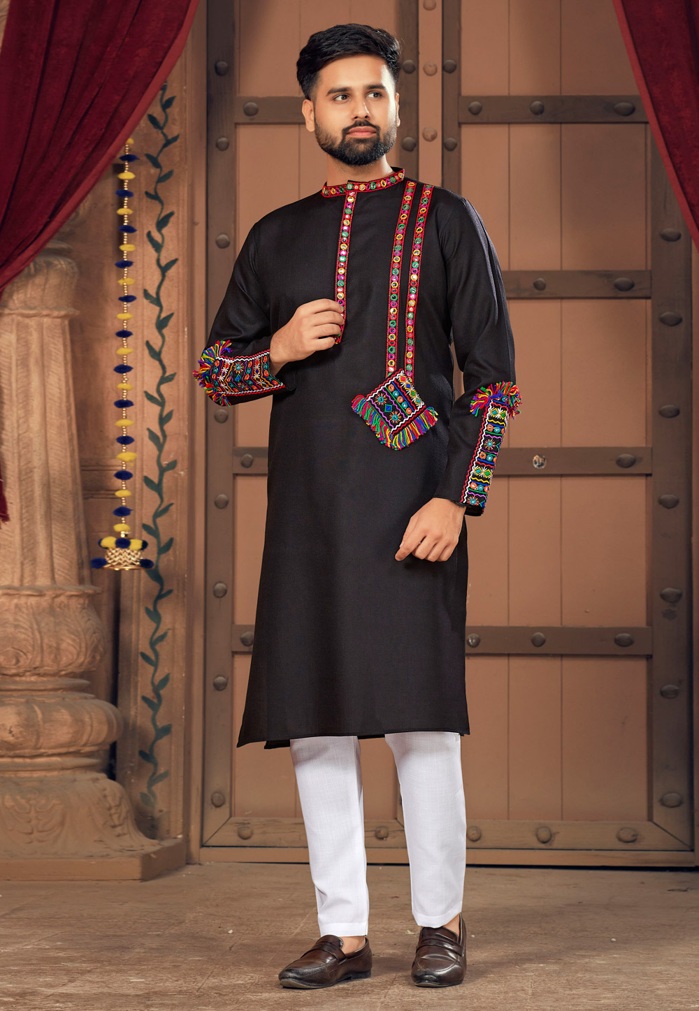 Black Cotton Navratri Kurta Pajama 270962