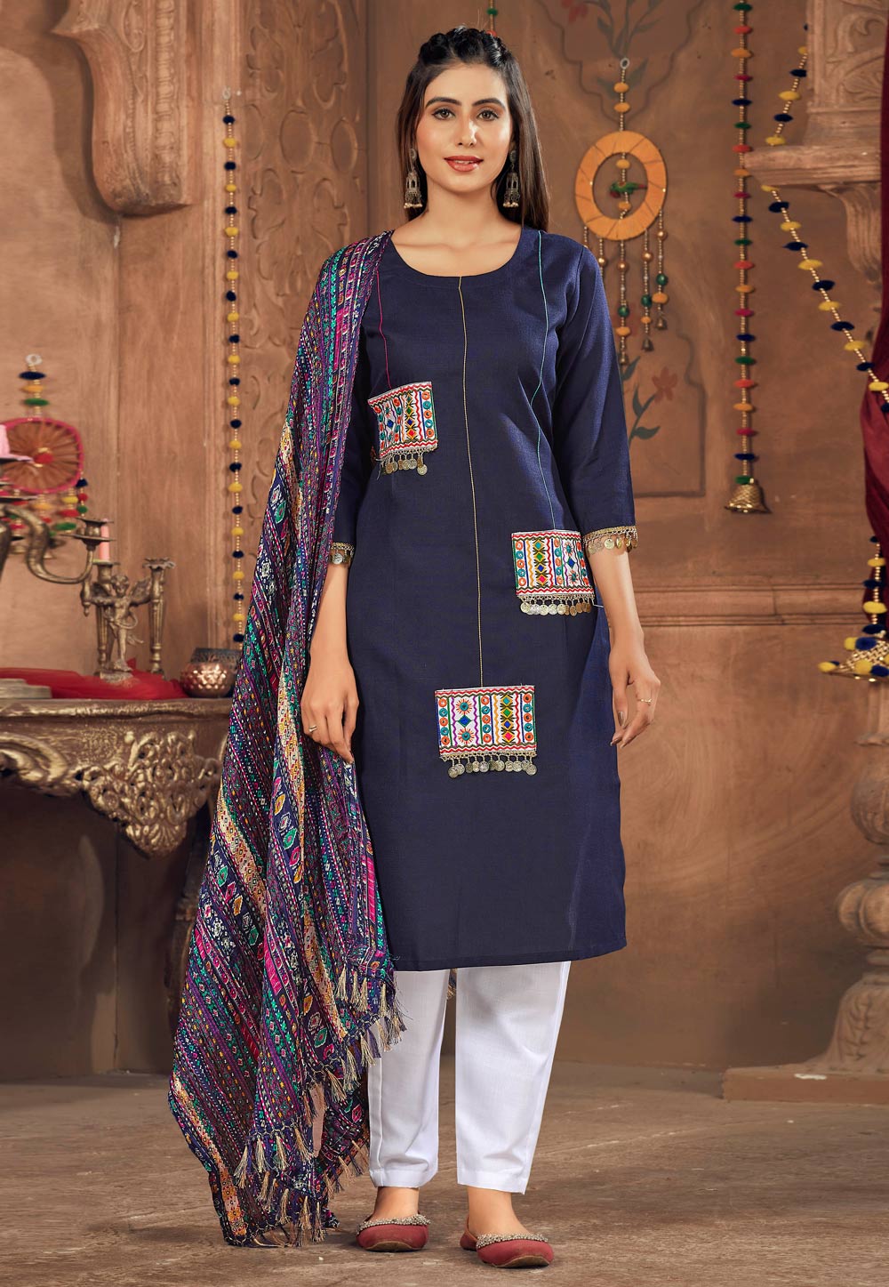 Navy Blue Cotton Navratri Pant Style Suit 271253