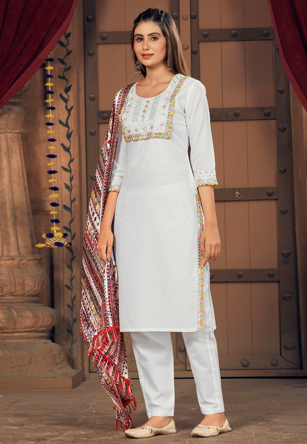 White Cotton Pant Style Suit For Navratri 271254