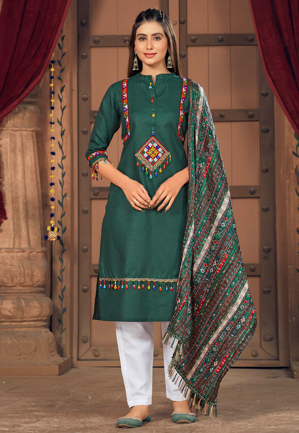 Green Cotton Navratri Pant Style Suit 271255