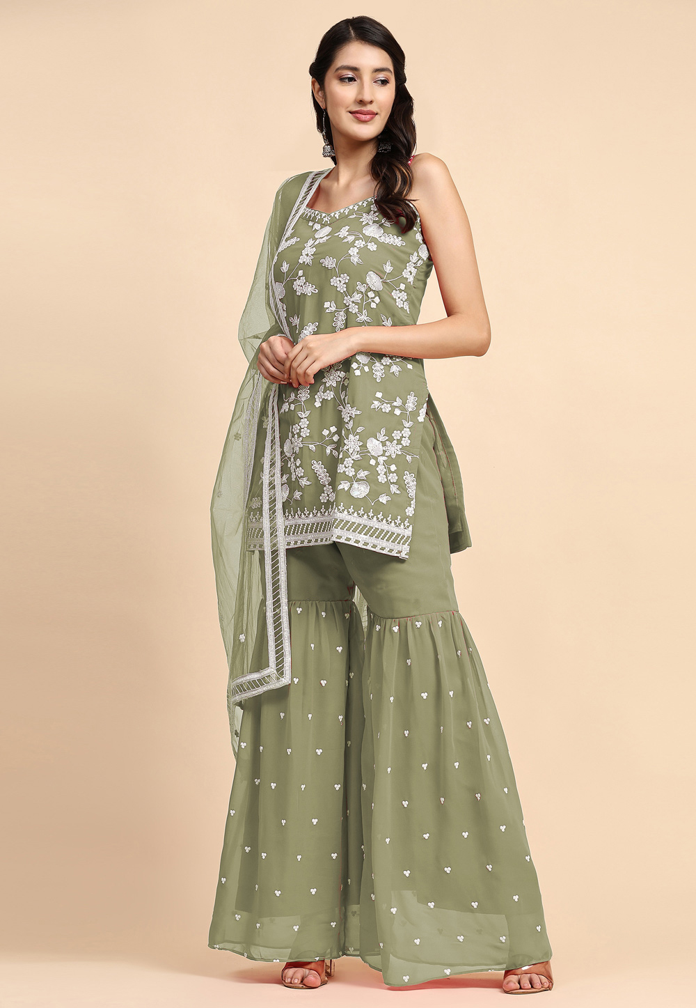 Camo Green Faux Georgette Sharara Suit 271258