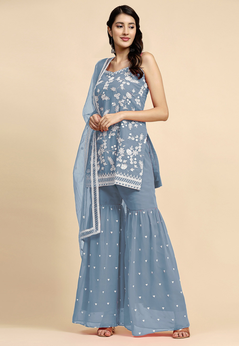Sky Blue Faux Georgette Sharara Suit 271260