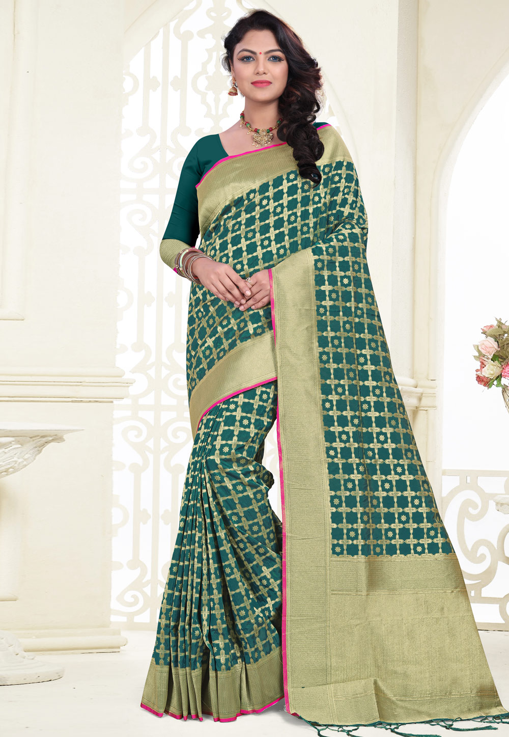 Teal Green Banarasi Silk Saree With Blouse 180520