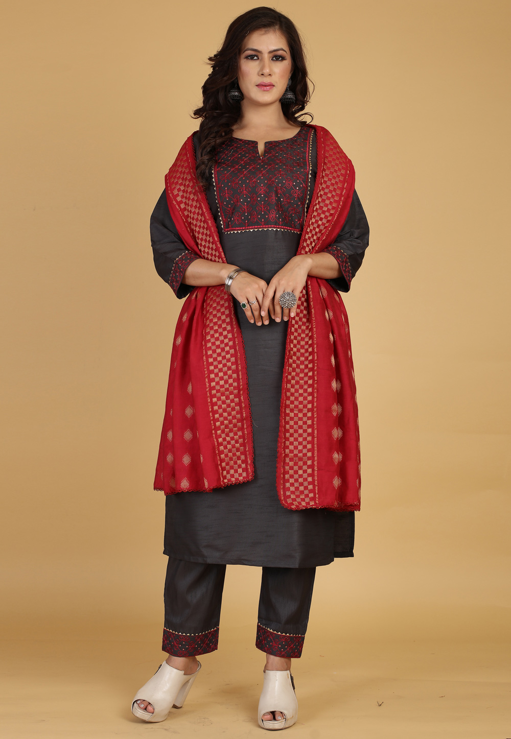 Grey Cotton Silk Readymade Pant Style Suit 266089