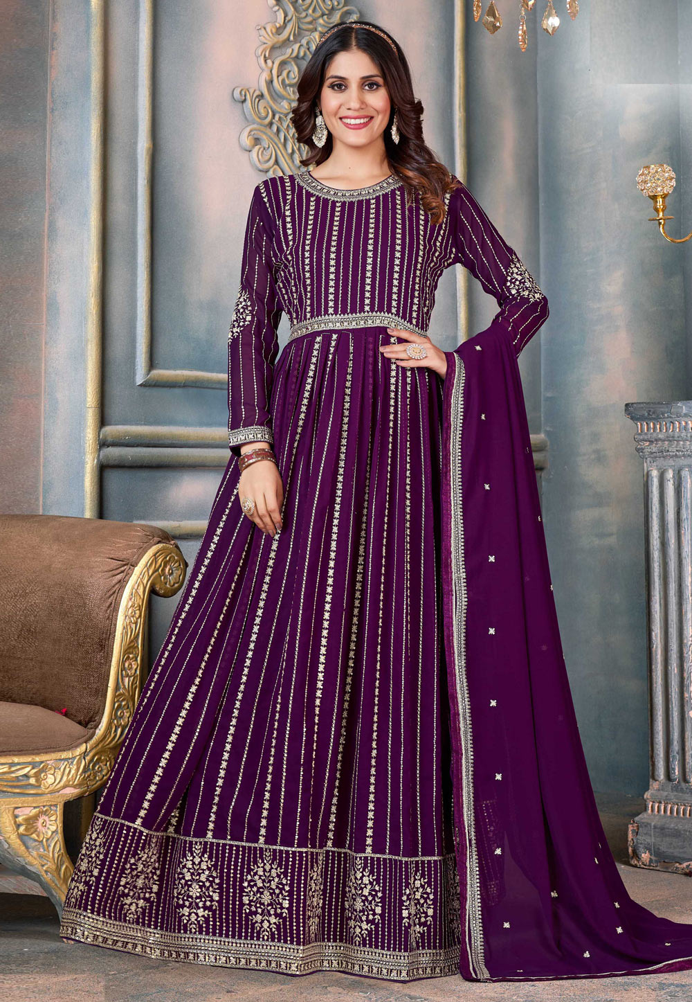 Purple Faux Georgette Long Anarkali Suit 272218