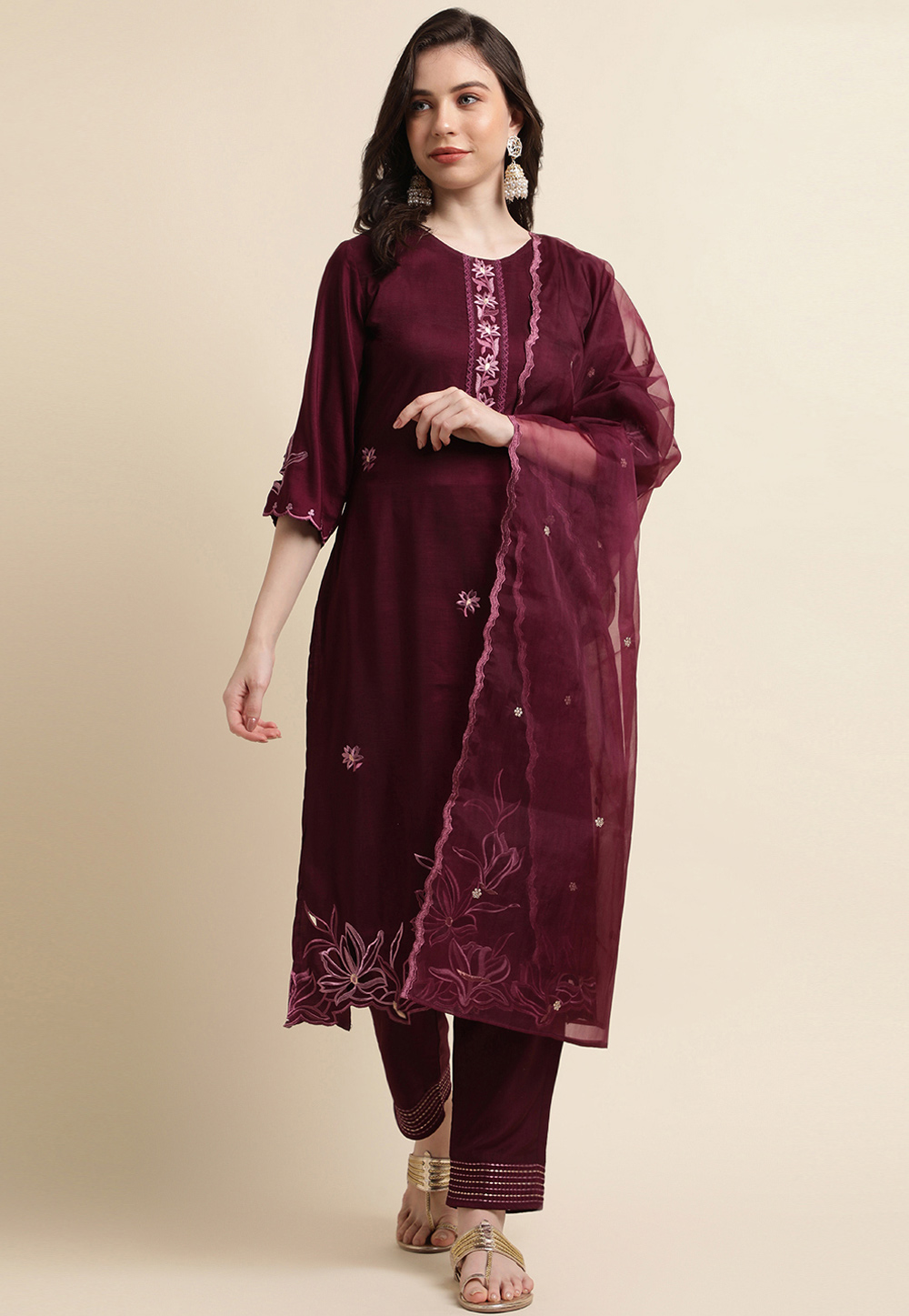Wine Chinon Silk Readymade Pakistani Suit 272113