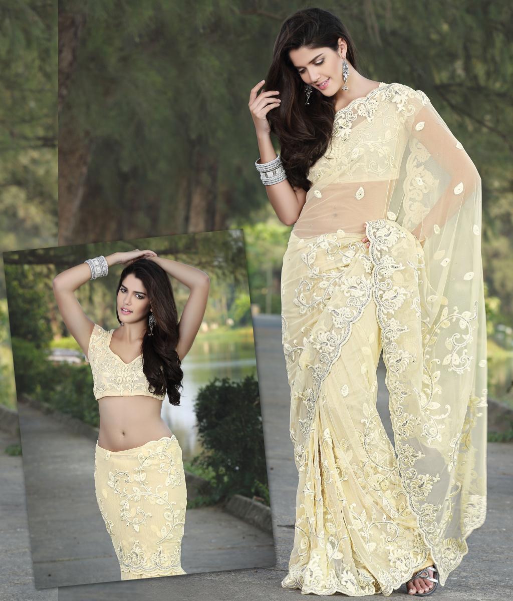 Yellow Net Saree 20939 With Unstitched Blouse