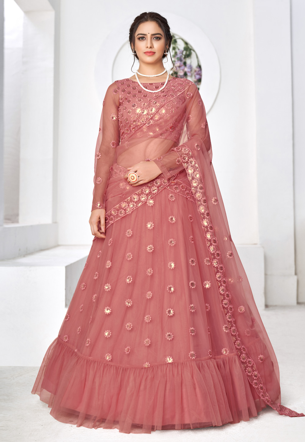 Peach Net Sequins Work Lehenga Choli 238495