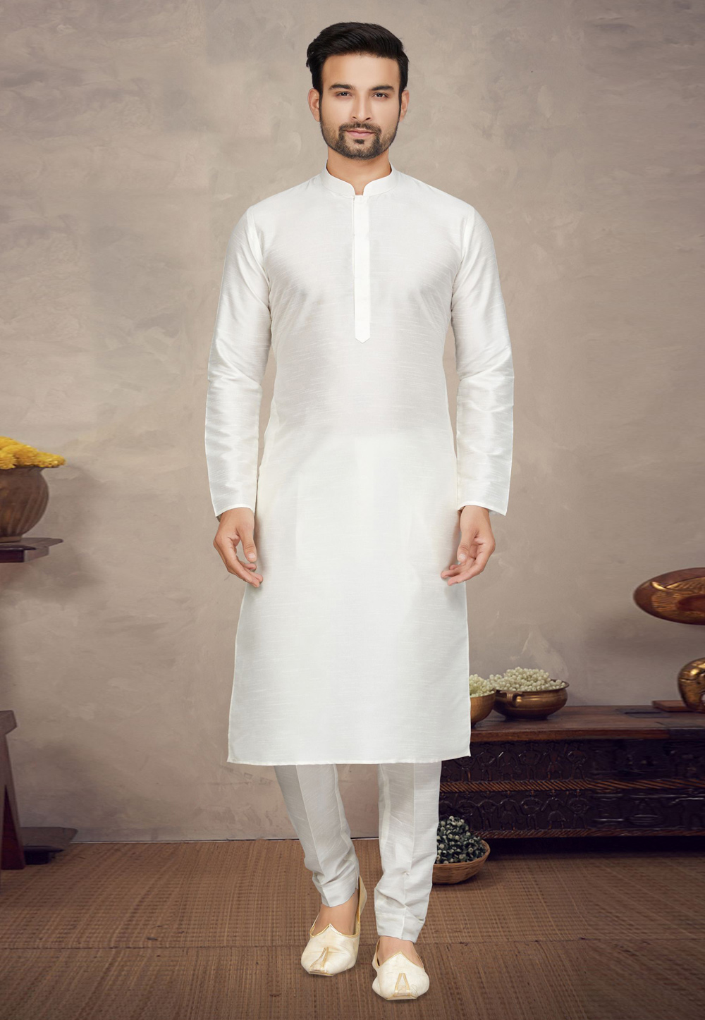 Off White Art Silk Kurta Pajama 272149