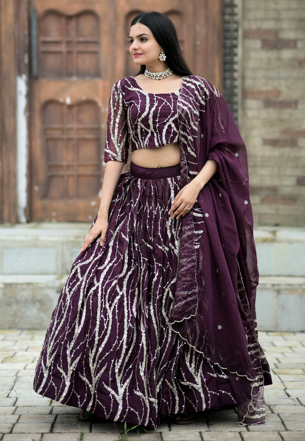 Wine Silk Sequin Lehenga 272363