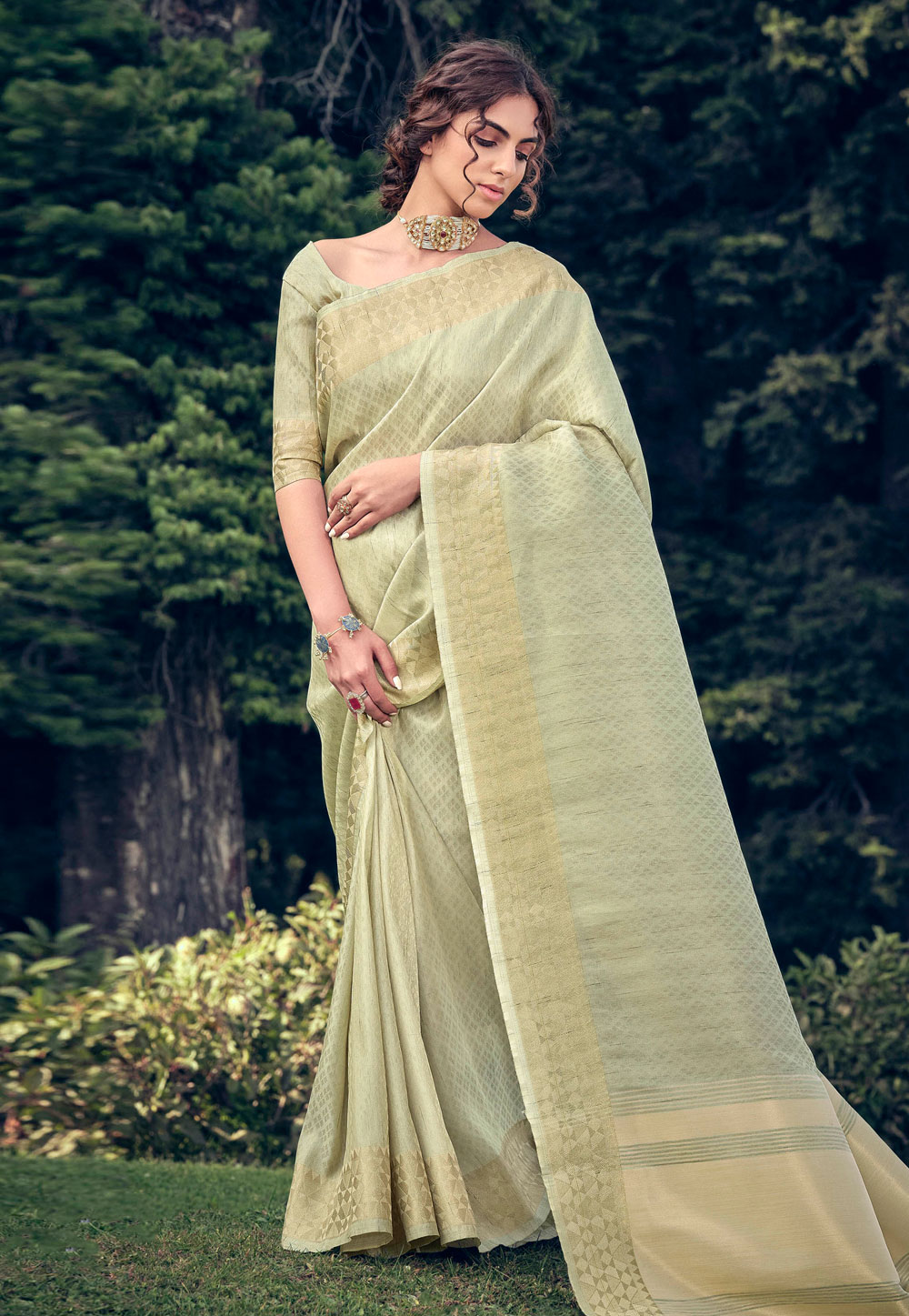 Pista Green Linen Saree With Blouse 272934