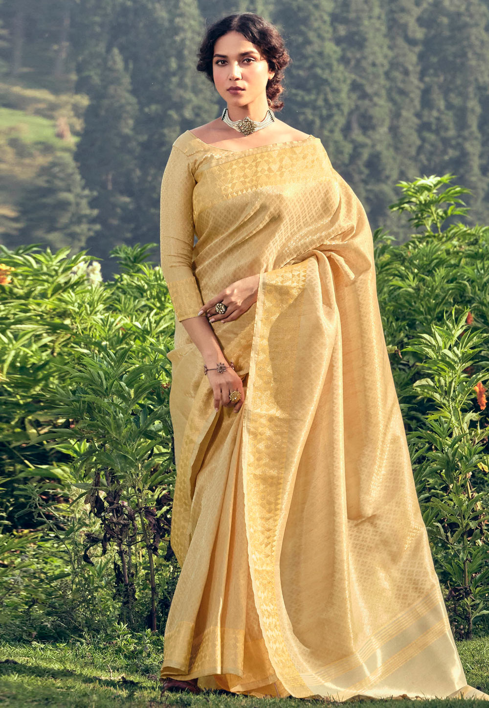 Golden Linen Saree With Blouse 272935