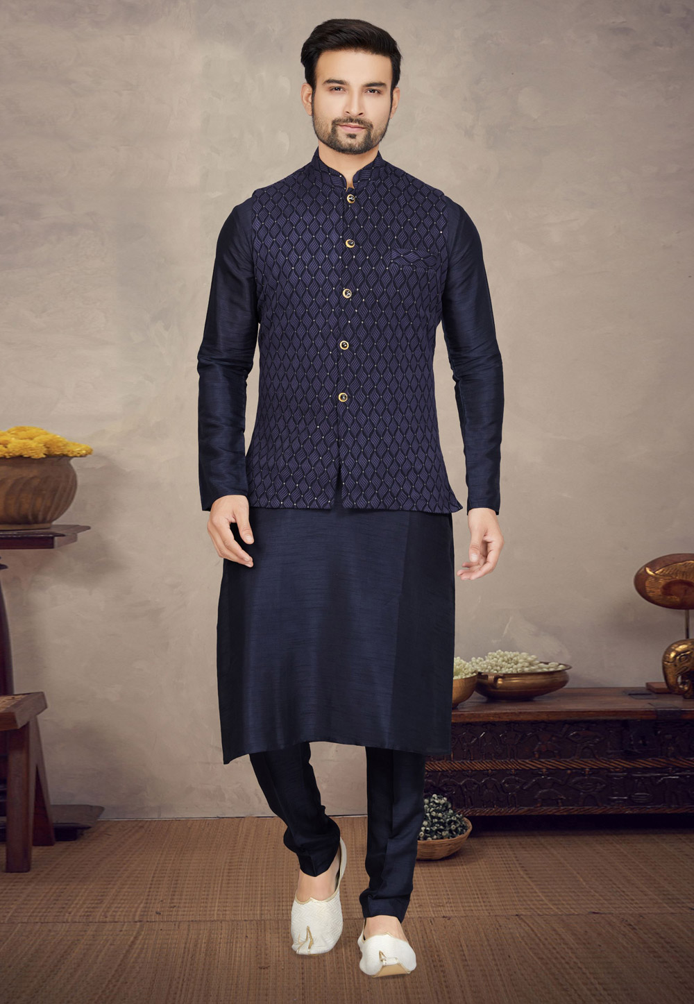 Blue and white buta printed jacket with navy blue kurta and pyjama - set of  three by The Weave Story | The Secret Label