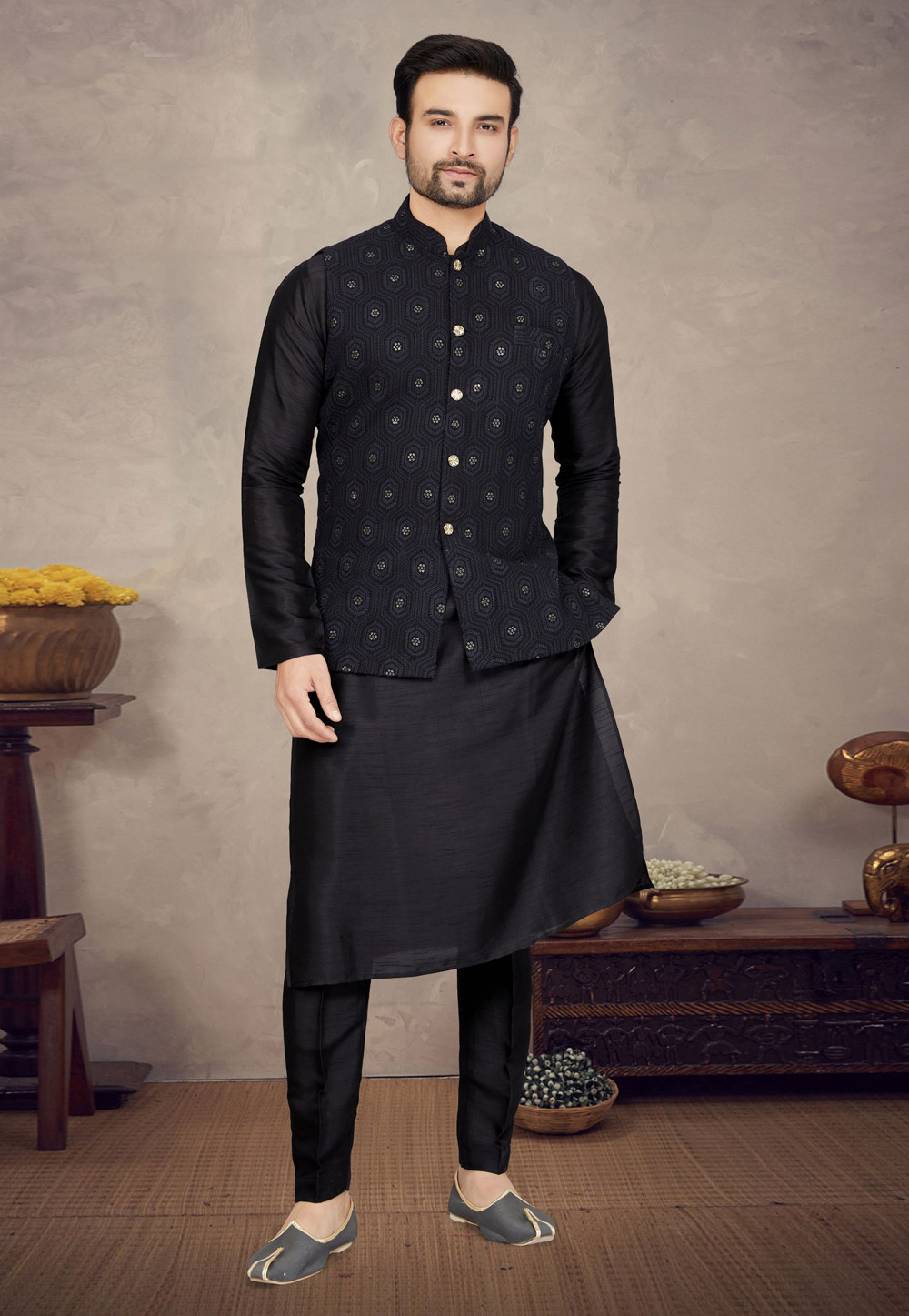 Black Tussar Silk Kurta Pajama With Jacket 272832