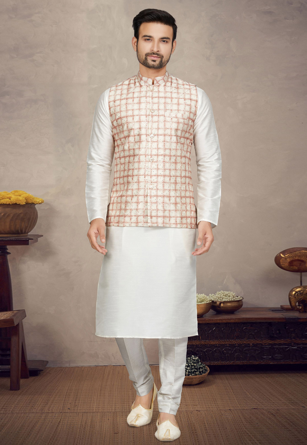 Off White Art Silk Kurta Pajama With Jacket 272834