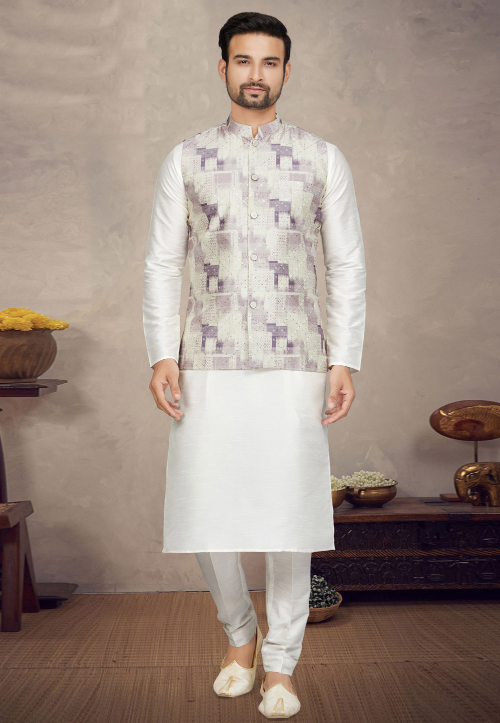 Off White Art Silk Kurta Pajama With Jacket 272836