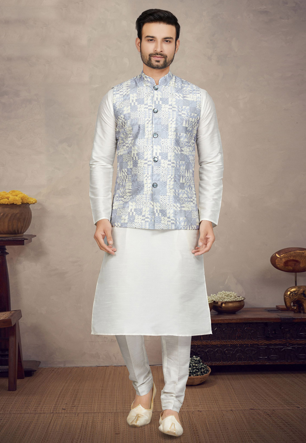Off White Art Silk Kurta Pajama With Jacket 272838