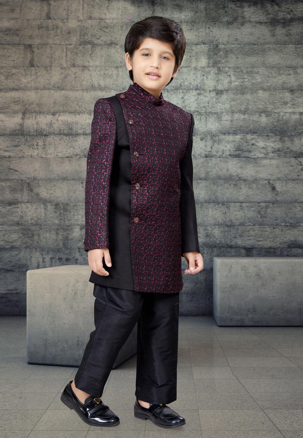 Black Art Silk Kids Indo Western Suit 272840