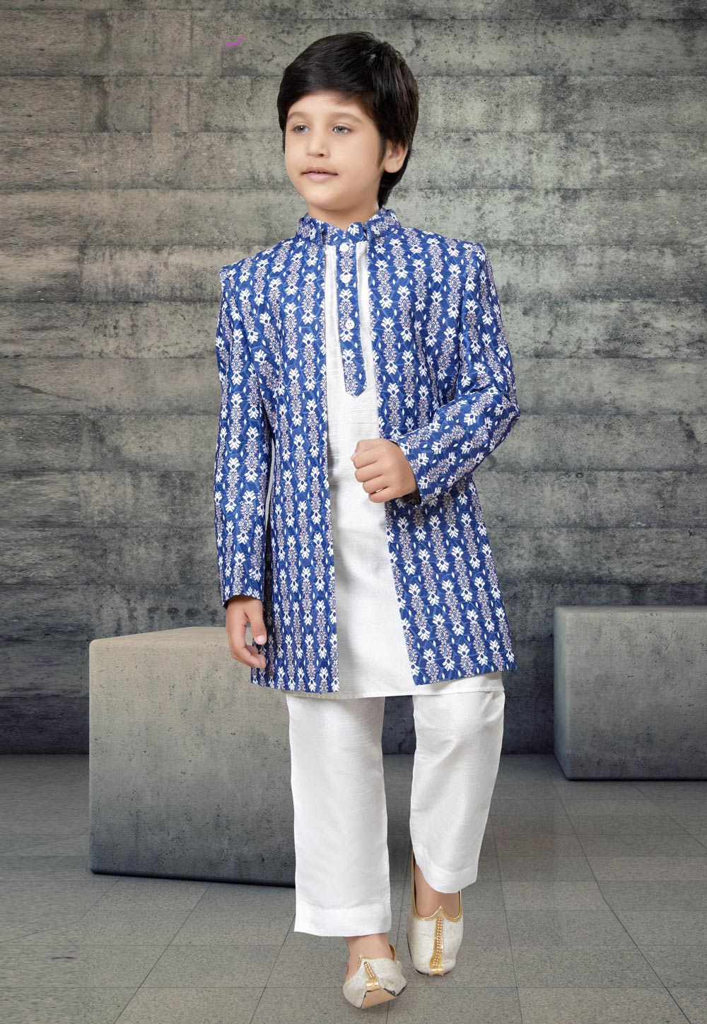 Off White Art Silk Kids Indo Western Suit 272847