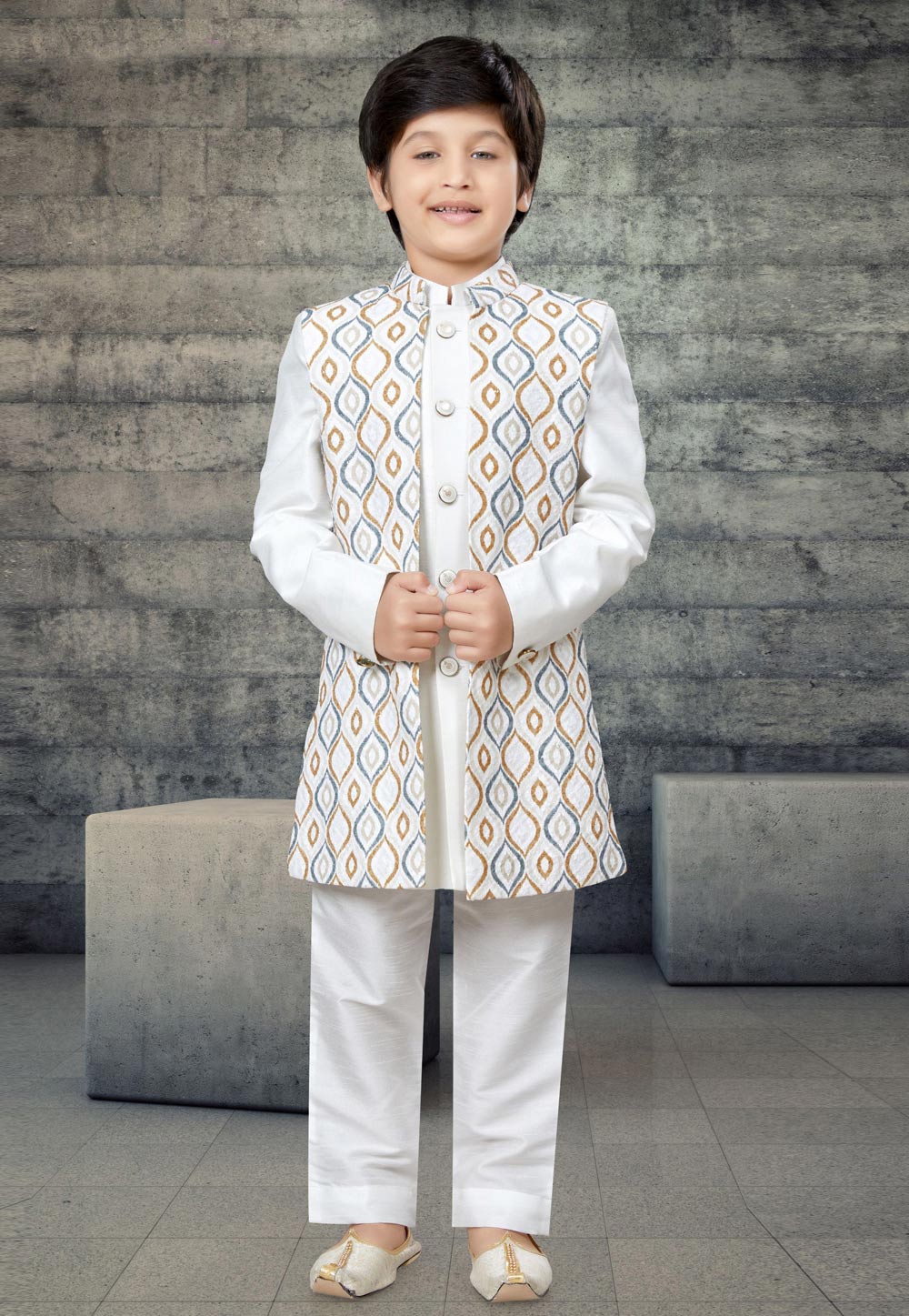 Off White Art Silk Kids Indo Western Suit 272849