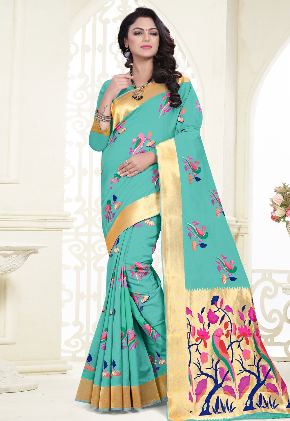 Turquoise Banarasi Silk Festival Wear Saree 180527