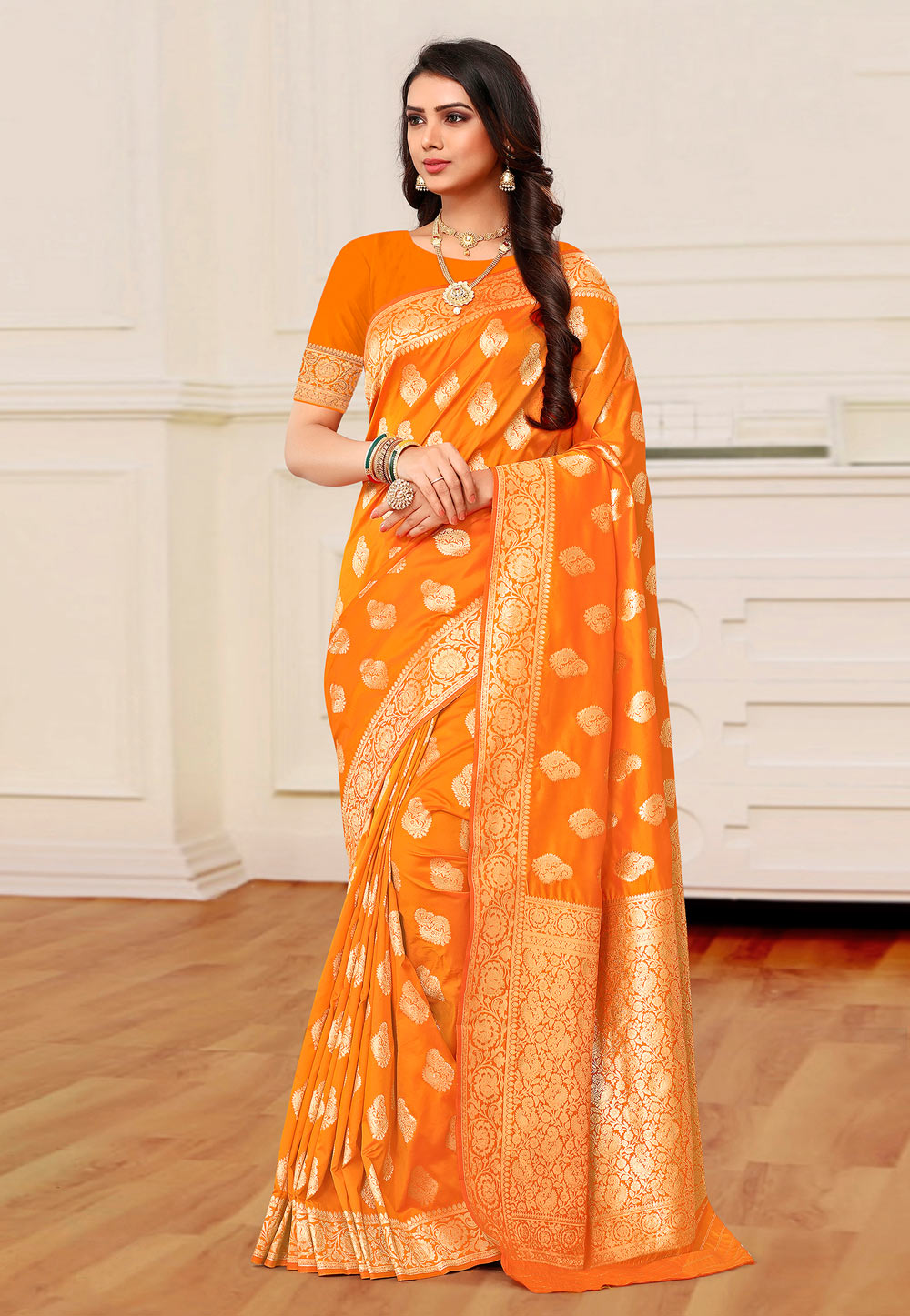 Orange Banarasi Silk Saree With Blouse 217661