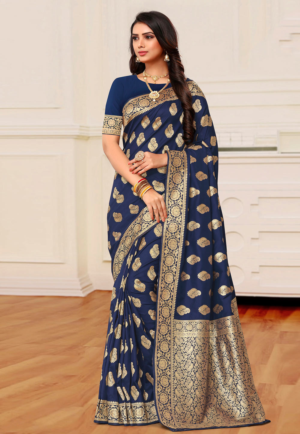Navy Blue Banarasi Silk Festival Wear Saree 217662