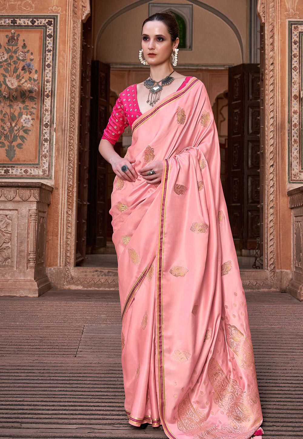 Pink Satin Saree With Blouse 271063