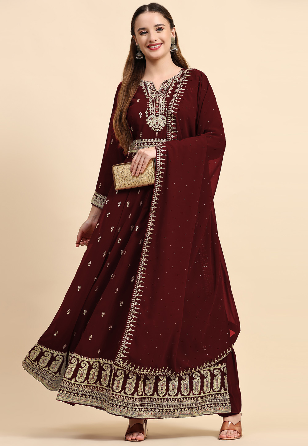 Maroon Anarkali Suit In Cotton Slub With Plain – ReplicaVilla