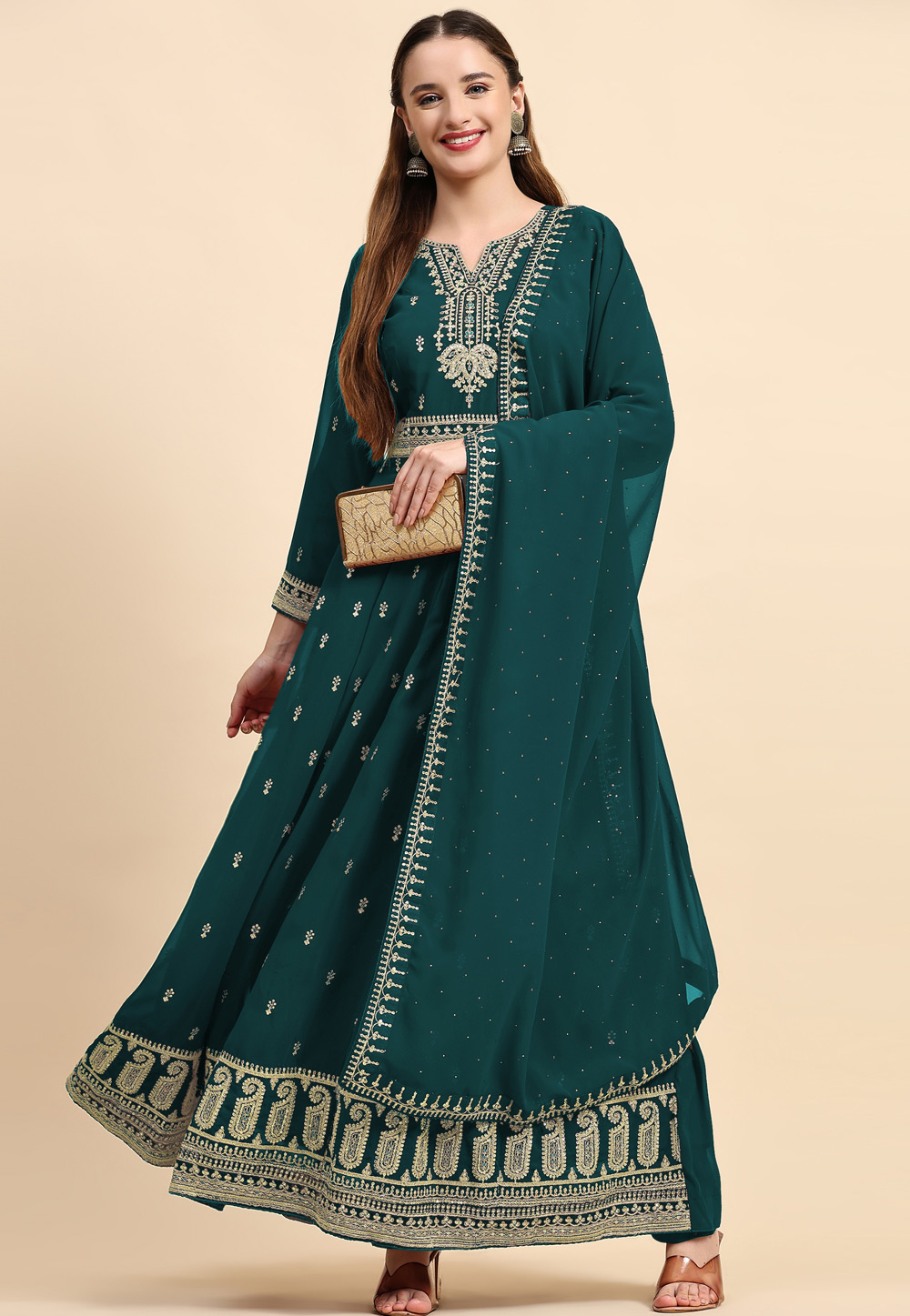Teal Faux Georgette Long Anarkali Suit 273390