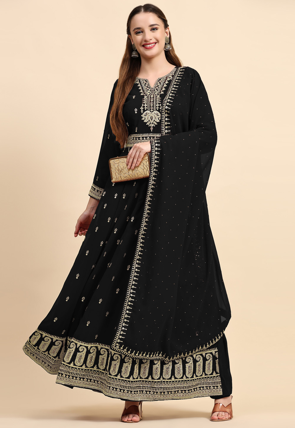 Black Faux Georgette Long Anarkali Suit 273392