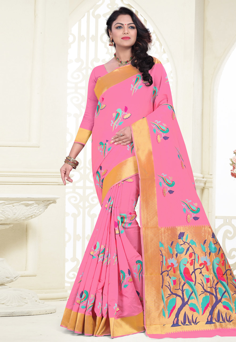 Pink Banarasi Silk Saree With Blouse 180530